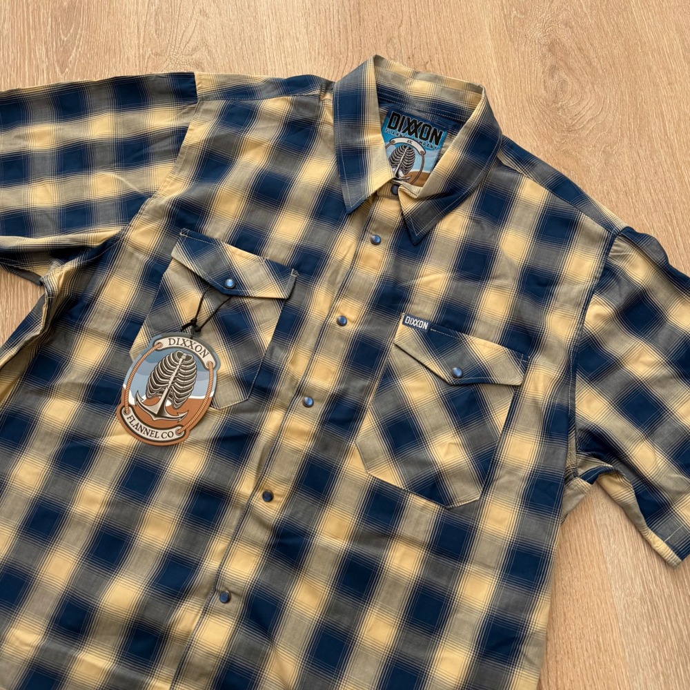 Dixxon The Stern Shirt Mens 2XL Blue Tan Bamboo Short Sleeve Plaid Pearl Snap